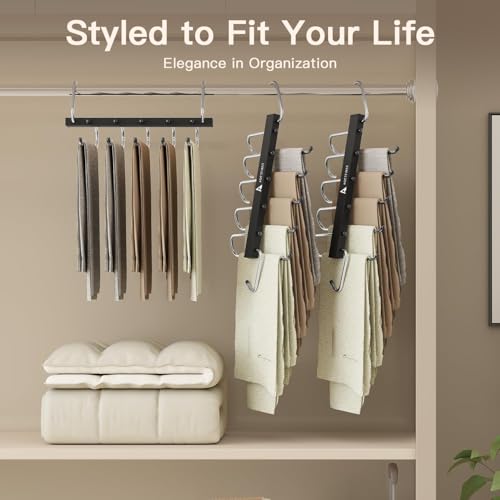 6 Pack Pants Hangers Space Saving,Closet Hanger Space Saver,Black | Stainless Steel, 5 Multi Tiers Compact Hanging Jeans Organizer,Vertical Pant Rack for Jean Leggings Trousers,Scarf