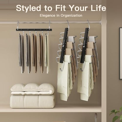 6 Pack Pants Hangers Space Saving,Closet Hanger Space Saver,Black | Stainless Steel, 5 Multi Tiers Compact Hanging Jeans Organizer,Vertical Pant Rack for Jean Leggings Trousers,Scarf