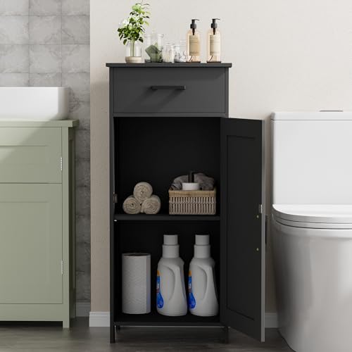 Bathroom Storage Cabinet with Drawer & Adjustable Shelf | Freestanding Storage Cabinet for Bathroom, Entryway, Living Room & Kitchen, Black, 15.7"W