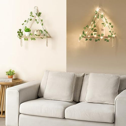 Mkono Macrame Wall Hanging Shelves Set of 2 with Artificial Ivy Lights | Boho Wall Decor, Wood Floating Storage Shelf, Display Plants Photos, Bedroom Bathroom Living Room Nursery Dorm Kitchen, White
