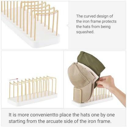 Mkono Hat Organizer for Baseball Caps, Hat Holder Storage for Closet, Gold | Hat Rack for 10 Caps, Space Saving, Easy Assembly, Sturdy Wood Base, Clear Display Stand, for Tabletop Shelf Dresser Bedroom
