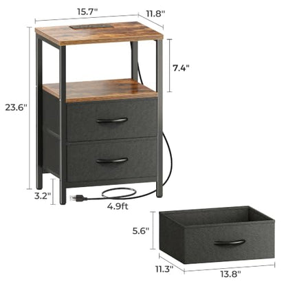 Huuger Nightstand with Charging Station, Side Table with Fabric Drawers, End Table with Open Shelf, Bedside Table with USB Ports and Outlets, Night Stand for Bedroom, Rustic Brown and Black