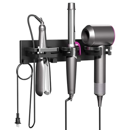 Hair Dryer Holder Wall Mount Metal Hot Tools Organizer Self Adhesive/Screw | 3 in 1 Hair Tool Organizer with Cord Organizer, Blow Dryer Holder with Curling Iron & Flat Iron Holder Matte Black
