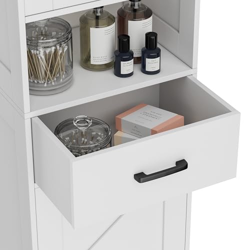 67" H Tall Bathroom Storage Cabinet with Barn Doors and Drawer | Narrow Storage Unit with Adjustable Shelves, Floor Cabinet for Bathroom, Living Room, Entryway or Kitchen, White, 15.7" W