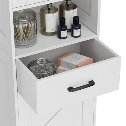 67" H Tall Bathroom Storage Cabinet with Barn Doors and Drawer | Narrow Storage Unit with Adjustable Shelves, Floor Cabinet for Bathroom, Living Room, Entryway or Kitchen, White, 15.7" W