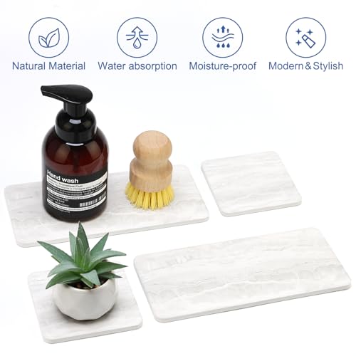 4 Pcs Water Absorbent Stone Dry Tray for Bathroom Sink Kitchen Counter Tray | Diatomite Stone Quick Drying Diatomaceous Earth Mat Soap Dispenser Dish Sponge Holder Ceramic Marble Bathroom Vanity Trays