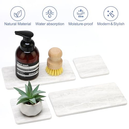 4 Pcs Water Absorbent Stone Dry Tray for Bathroom Sink Kitchen Counter Tray | Diatomite Stone Quick Drying Diatomaceous Earth Mat Soap Dispenser Dish Sponge Holder Ceramic Marble Bathroom Vanity Trays