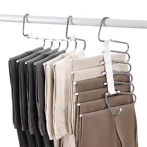 Upgraded Collapsible Pants Hangers Space Saving, 6 Layers Clothes Rack, Stainless Steel Multifunctional Closet Organizer, Non Slip Metal Hangers for Pants Jeans Skirts Trousers (2 Pack)