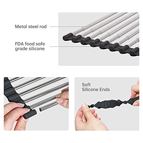 Large Telescopic Drain Rack Roll Up Rack Heat-Resistant Dish Drainer Kitchen Sink Rack Over the Sink Dish Drying Rack Stainless Steel Dish Rack (18 Tube 21.25''x12.79'')