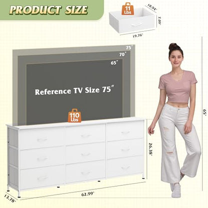 WLIVE Wide TV Stand for 75 Inch TV, 9 Fabric Drawers, White | Fits TVs up to 75 inch, 9 roomy fabric drawers, Wide wood tabletop, Living room or hallway, Large storage capacity