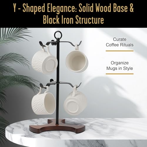 Coffee Mug Tree,Solid Wood Base Y Shape 6 Iron Hooks | Squeeze Free Angled,Space Saving Mug Stand,Effortless Setup,Elegant Decor For Kitchen And Coffee Bar Accessories