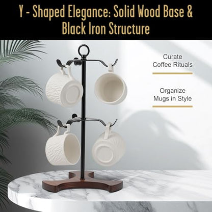 Coffee Mug Tree,Solid Wood Base Y Shape 6 Iron Hooks | Squeeze Free Angled,Space Saving Mug Stand,Effortless Setup,Elegant Decor For Kitchen And Coffee Bar Accessories