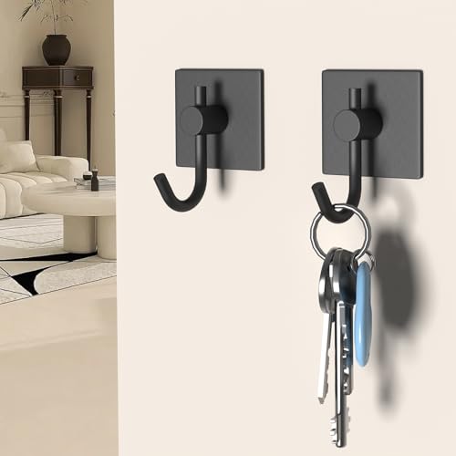 VAEHOLD 6 Pack Adhesive Wall Hooks, Heavy Duty Sticky Holder Aluminum Towel Hooks for Hanging Coat, Hat, Key, Clothes, Closet Hook Wall Mount for Kitchen, Bathroom, Office (Black)