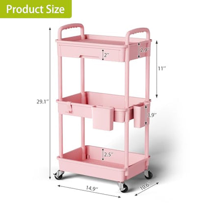 Sorgion 3 Tier Rolling Cart Organizer,Laundry Room Bathroom Organizers and Storage Office Shelves Mobile Shelving Unit Kitchen Trolley Cart with Wheels for Art,Craft,Diaper,Bedside,Snack(Pink)