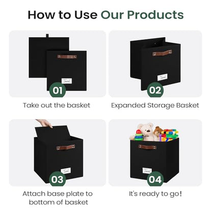 FinishingBo 13 inch Storage Bins with Labels 6 Pack | PU Leather Handles, Foldable Storage Cubes, Storage Baskets, Closet Storage, Black