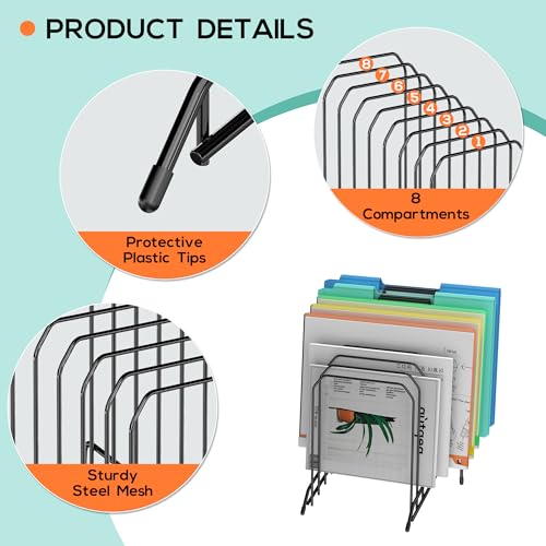 Incline Sorter Desk File Organizer, Metal Desk Magazine Folder Holder with 8-Section Vertical Compartments Rack File Organizer for Office, Home, School