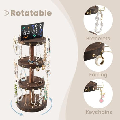 Lolalet 4-Tier Rotating Bracelet Holder -Darkbrown | Wooden Display Stand with 42 Hooks & Tray Base, 360° Degrees Rotatable, Holds Bracelets, Key Chains & Small Accessories