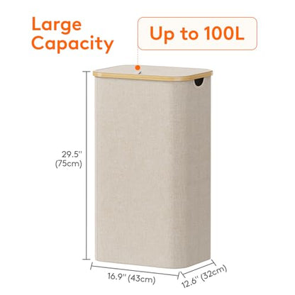 Lifewit 100L Laundry Basket with Lid, Clothes Hampers for Laundry with Bamboo Handles and 1 Removable Bag, Large Foldable Laundry Hamper for Bedroom, Bathroom, Dorm, Laundry Room, Beige