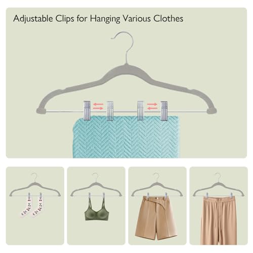 ManGotree Velvet Pants & Skirt Hangers with Movable Clips 32 Pack Grey | Ultra-Thin Space Saving Dress Hangers for Adult Clothing, Non-Slip Felt Coat Clothes Hangers with 360° Swivel Hook