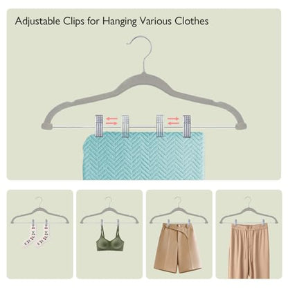 ManGotree Velvet Pants & Skirt Hangers with Movable Clips 32 Pack Grey | Ultra-Thin Space Saving Dress Hangers for Adult Clothing, Non-Slip Felt Coat Clothes Hangers with 360° Swivel Hook