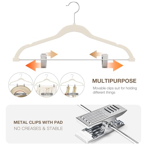 Korpai 24-Pack Beige Velvet Hangers with Clips Adjustable,Adult Hangers,Outfit Hangers,Heavy-Duty,Non-Slip,Space Saving, Felt Hanger for Pants, Skirts, Suits,Coats, Dresses ect.