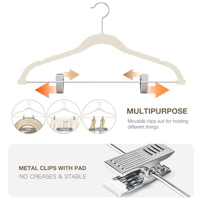 Korpai 24-Pack Beige Velvet Hangers with Clips Adjustable,Adult Hangers,Outfit Hangers,Heavy-Duty,Non-Slip,Space Saving, Felt Hanger for Pants, Skirts, Suits,Coats, Dresses ect.