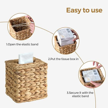 Wicker Tissue Box Cover, Rattan Tissue Box Holder Square | Boho Decorative Woven Water Hyacinth Cube Tissue Holders for Bathroom Living Room Kitchen