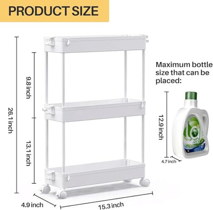 SPACEKEEPER Slim Rolling Storage Cart, 3 Tier Bathroom Cart Organizer,White | Narrow Rolling Cart with Wheels for Kitchen Office Bathroom Laundry Room,Mobile Utility Cart for Craft Art Makeup Nail Polish