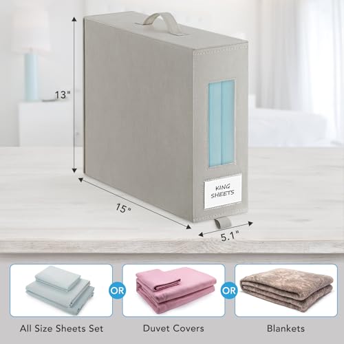3 Pcs Bed Sheet Organizers and Storage, Large Size Sheet Set Organizers (Queen & King) Duvet Covers Blanket Storage for Linen Closet with Handle, Zipper, Label and Clear Window, Grey