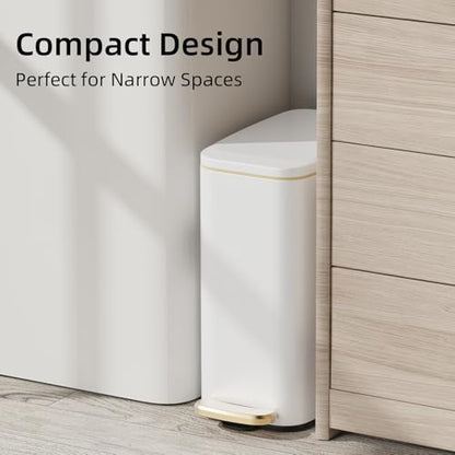 KUK Slim Bathroom Trash Can with Lid, 1.6 Gal / 6L Stainless Steel Small Garbage Bin with Detachable Inner Bucket, Step Pedal, Silent Close, Wastebasket for Toilet, Bedroom, Home, Office (White)