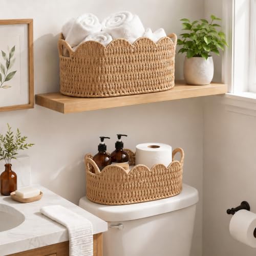 Paper Rope Scalloped Basket Set of 2, Wicker Storage Baskets for Shelves,Gifts,Books,Toys,Cute Decor Rattan Baskets for Organizing,Natural Color