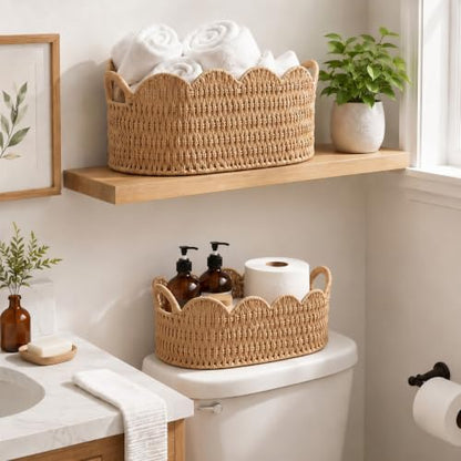 Paper Rope Scalloped Basket Set of 2, Wicker Storage Baskets for Shelves,Gifts,Books,Toys,Cute Decor Rattan Baskets for Organizing,Natural Color