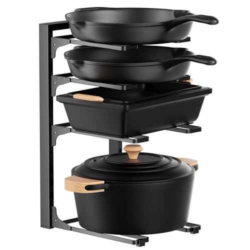 MUDEELA Pot and Pan Organizer Under Cabinet 15.75", 4-Tier Pot Rack, 1 Pack | Adjustable Tier, Tool-Free Assembly, Max 88 Lbs, Fits Cast Iron Pans, Skillets & Heavy Shallow Cookware, For Kitchen Cabinets