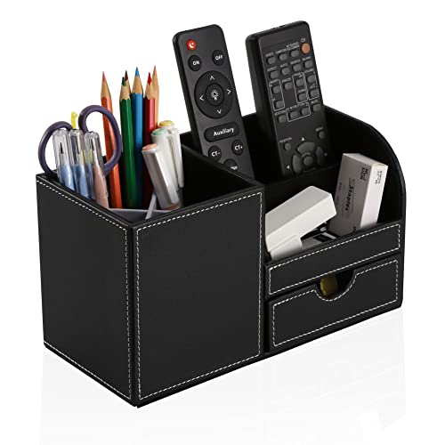 Desk Organizer Office Supplies Caddy Pu Leather Multi-function Storage Box Pen/Pencil,Cell phone, Business Name Cards Remote Control Holder with Small Drawer Black