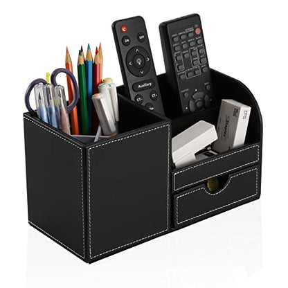 Desk Organizer Office Supplies Caddy Pu Leather Multi-function Storage Box Pen/Pencil,Cell phone, Business Name Cards Remote Control Holder with Small Drawer Black