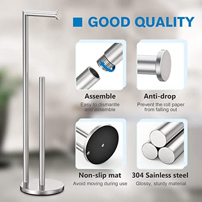 Toilet Paper Holder Stand, Brushed Nickel Toilet Paper Holder Free Standing | Toilet Paper Holder for 4 Rolls, Bathroom Organizers and Storage with Anti-Slip Base and Rustproof