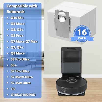 16 Pack Q7 Q5 Q10 S5 Plus Dust Bag for Roborock Q7 M5+, Q10 S5+, Q5 Max+ | Q10 X5+, S8+, S8 Pro Ultra, Q7 Max+/Max, Q8 Max+, S7 Pro Ultra, Q5, Q5+, Q7, S7 MaxV Ultra Robot Vacuum, 3.5L Large Capacity