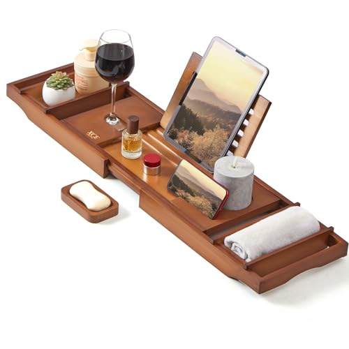 Bamboo Bathtub Caddy Tray with Book Stand & Soap H... (Brown | Bamboo)