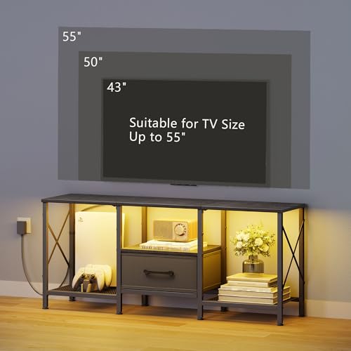LED TV Stand with Fabric Drawer, Entertainment Center for 50 55 Inch TV, Industrial TV Console Table with Open Storage Shelves for Living Room, Bedroom, Black