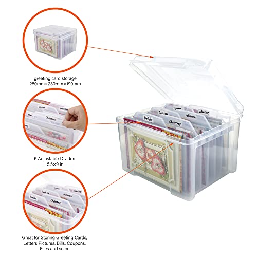 Greeting Card Storage & Organizer Box with 6 Removable Dividers for Holiday Birthday Get Well Cards Photos, Crafts, Scrapbooking(Clear)