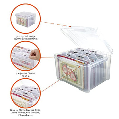 Greeting Card Storage & Organizer Box with 6 Removable Dividers for Holiday Birthday Get Well Cards Photos, Crafts, Scrapbooking(Clear)