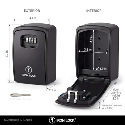 Iron Lock® XXL Wall Mount Key Lock Box, Outdoor Combination Code (Black) | Fits 20-30 spares plus fobs & cards; unique built-in tray so keys don't fall out; dial cover; screws & anchors included