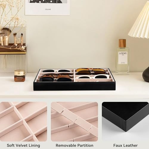8-Slot Sunglass Organizer Tray,Sunglass Holder for Drawer | Faux Leather,Velvet Lining,Sunglass Case for Multiple Sunglass,Vanity Glass Holder,Sunglass Display,Eyeglass Organizer