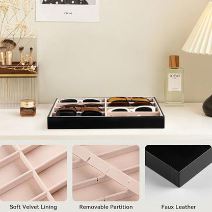 8-Slot Sunglass Organizer Tray,Sunglass Holder for Drawer | Faux Leather,Velvet Lining,Sunglass Case for Multiple Sunglass,Vanity Glass Holder,Sunglass Display,Eyeglass Organizer