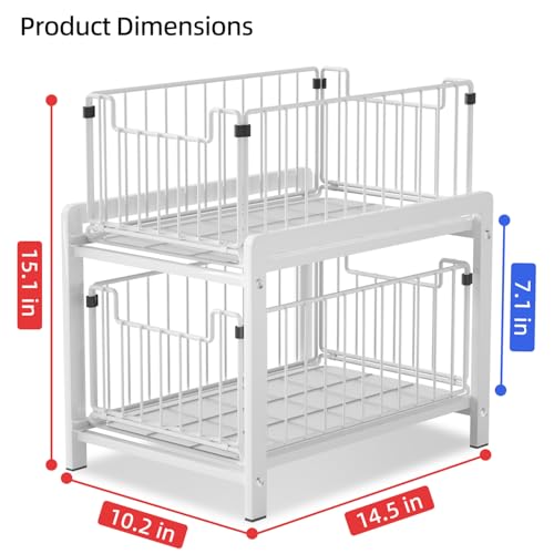2-Tier Pull Out Cabinet Organizer, Slide Out Under Sink Organizer | Metal Cabinet Baskets with Mesh Sliding Drawer for Home, Office, Bathroom, Kitchen, Pantry Storage Shelf, Large White