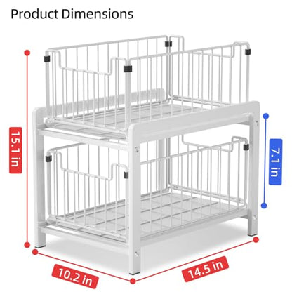 2-Tier Pull Out Cabinet Organizer, Slide Out Under Sink Organizer | Metal Cabinet Baskets with Mesh Sliding Drawer for Home, Office, Bathroom, Kitchen, Pantry Storage Shelf, Large White