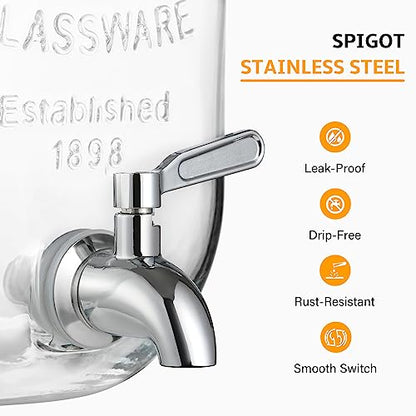 2 Gallon Glass Beverage Dispenser, 18/8 Stainless Steel Spigot and Lid - Glass Drink Dispensers for Parties - Mason Jar Drink Dispensers with Lids - Laundry Detergent Holder