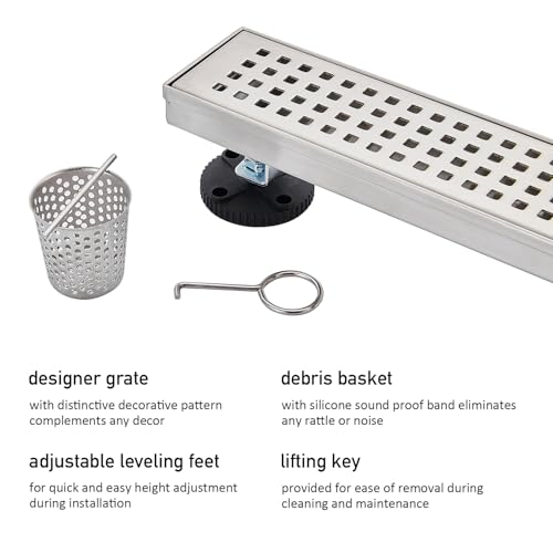 Linear Shower Floor Drain, Brushed Nickel 24 Inch 304 Stainless Steel Bathroom Drains Kit, Long Rectangular Shower Trench Drain with Square Pattern Drain Cover & Hair Catcher