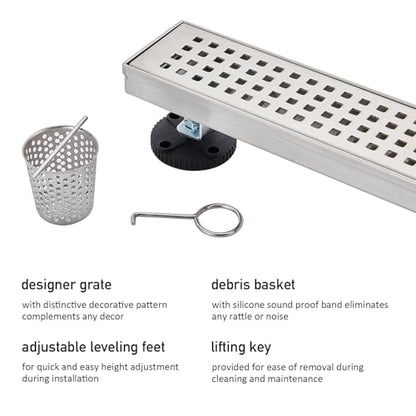 Linear Shower Floor Drain, Brushed Nickel 24 Inch 304 Stainless Steel Bathroom Drains Kit, Long Rectangular Shower Trench Drain with Square Pattern Drain Cover & Hair Catcher