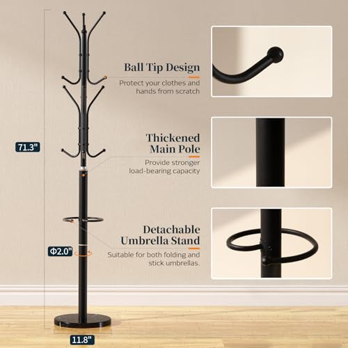 Yoobure Metal Coat Rack Freestanding with Marble Base, Coat Tree with 12 Hooks & Umbrella Holder, Coat Hanger Stand for Corner Entryway Bedroom Office, Heavy Duty Coat Rack Stand for Clothes Hats Bags